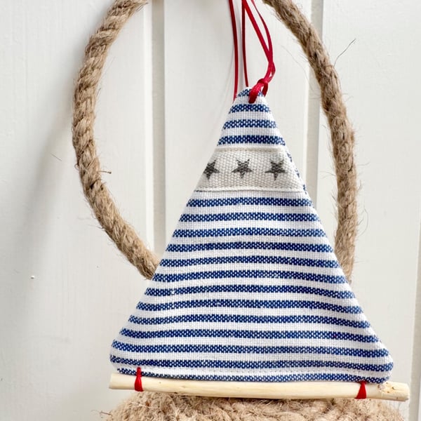 SAILING BOAT hanging decoration - small size, blue and white stripes