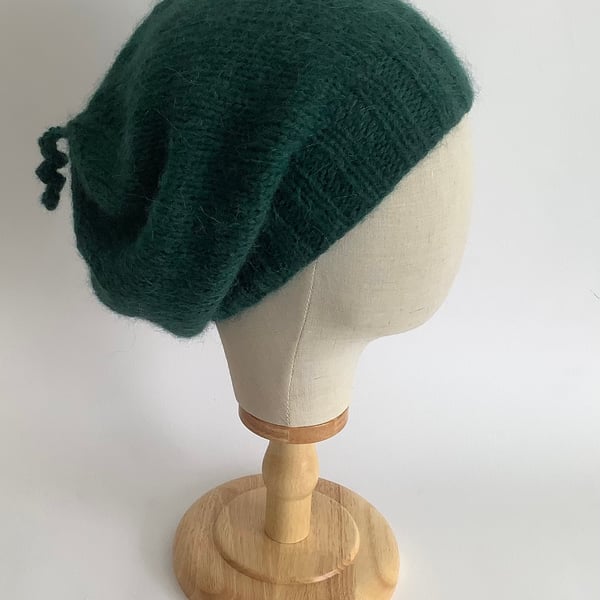 SLOUCH BEANIE .Hat  'Elodie' . Luxurious baby alpaca , merino blend . D.Green.