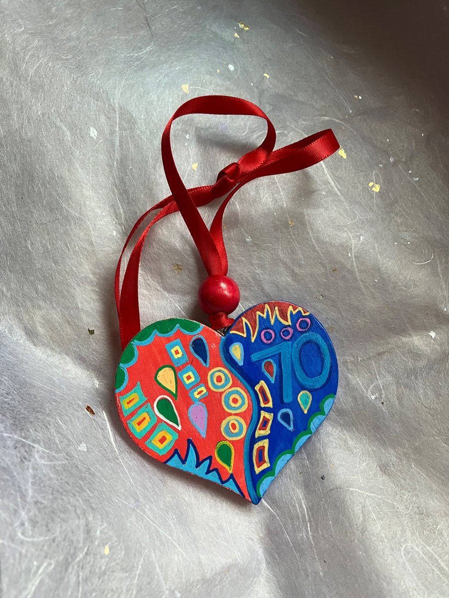 70th birthday hand painted heart 