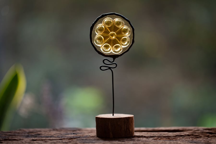 Stained glass flower set in driftwood salvaged Victorian Stained Glass roundel