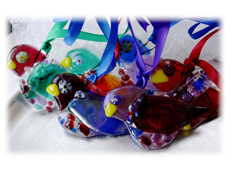 Bird Fused Glass Hanging Decoration 8cm Dichroic  