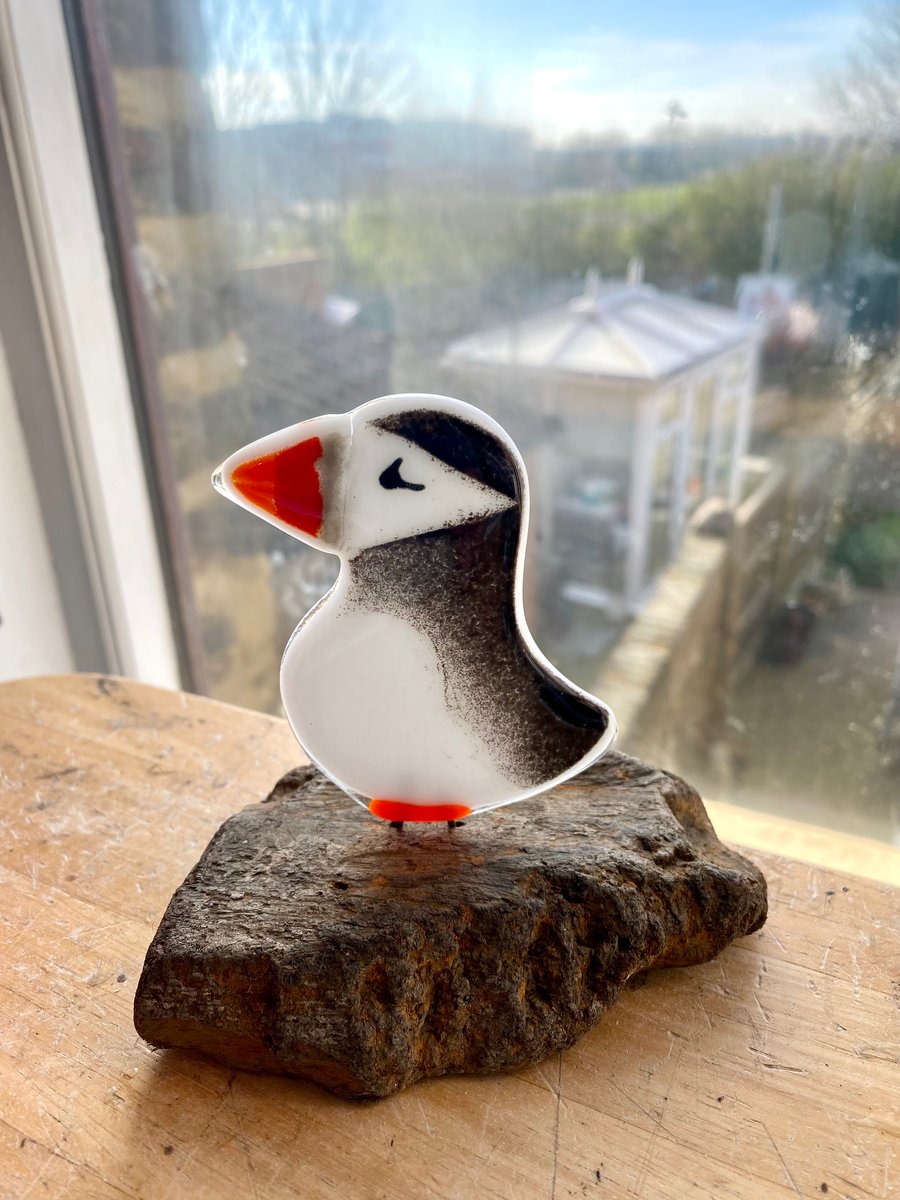 Unique fused glass puffin ornament figure on wooden driftwood stand 