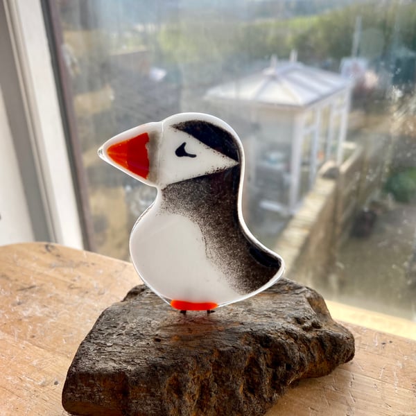Unique fused glass bird puffin ornament figure on wooden driftwood stand 