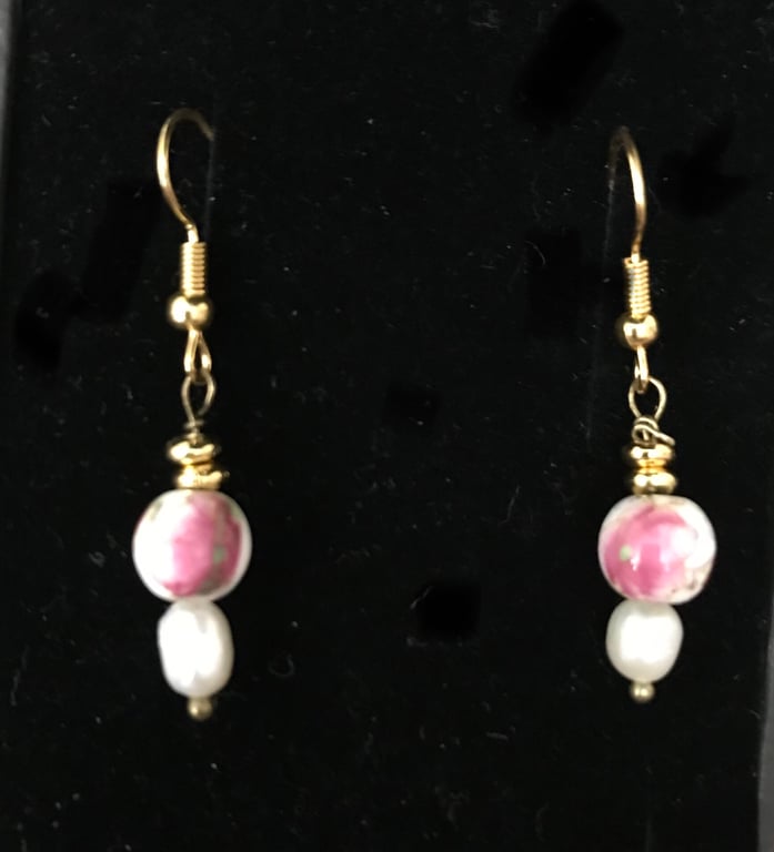 Freshwater Pearl Drop Earrings & Beautiful Ceramic Flower Beads Gift boxed