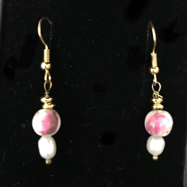 Freshwater Pearl Drop Earrings & Beautiful Ceramic Flower Beads Gift boxed