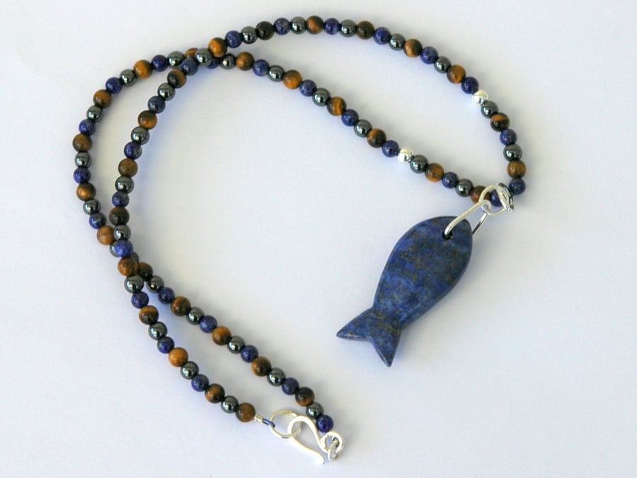 Sterling Silver and Gemstone Necklace with Lapis Lazuli Fish Pendant 