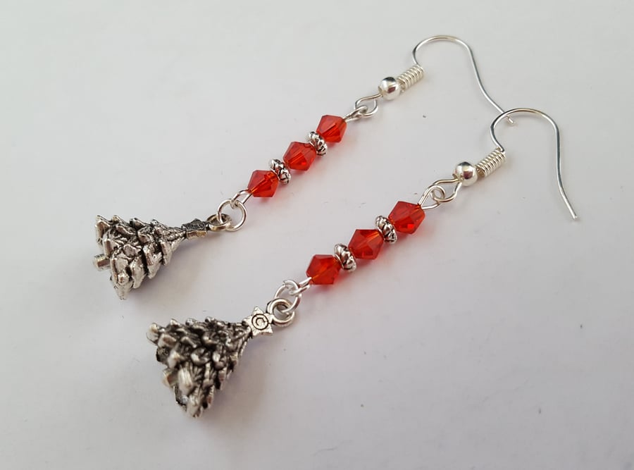 Silver Christmas tree earrings with sparkly red beads