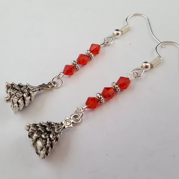 Silver Christmas tree earrings with sparkly red beads