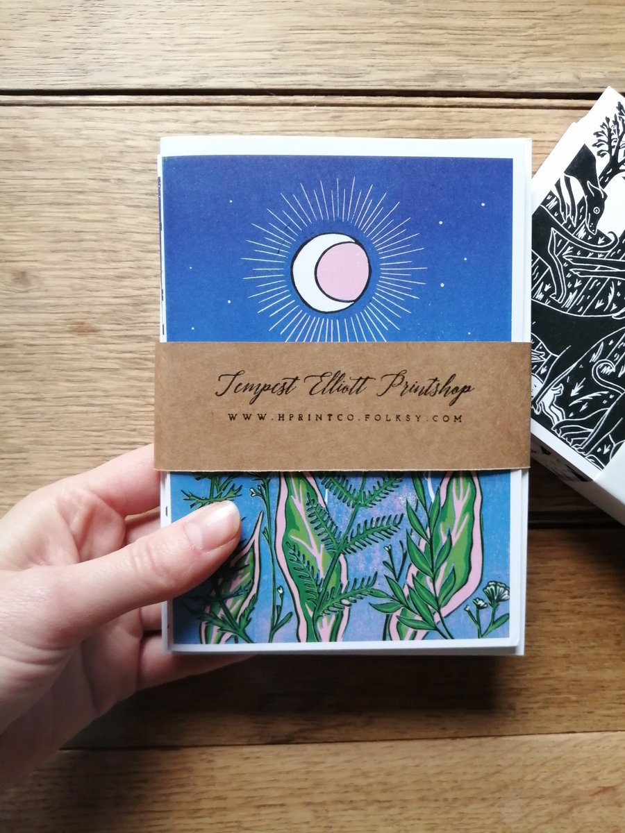 Pack of 4 digital print cards lino, botanical, dogs, stags, celestial 