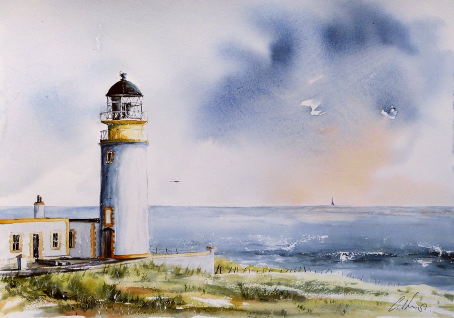 Tiumpan Head Lighthouse, Original Watercolour Painting.
