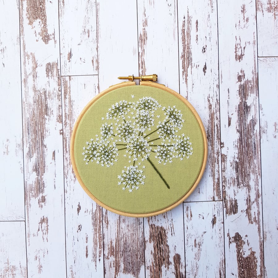 Hand stitched ground elder wildflower embroidery hoop art, 5".