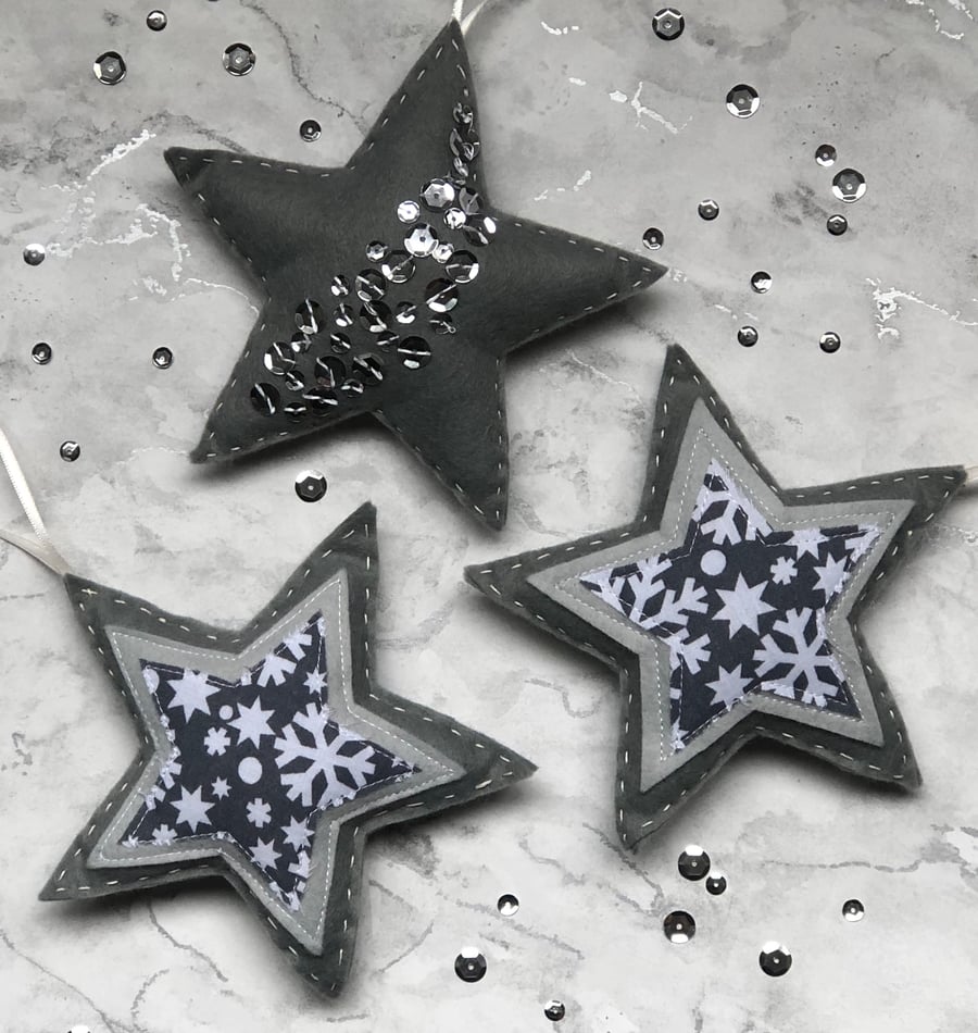 Silver Felt Stars- Christmas - Set of 3