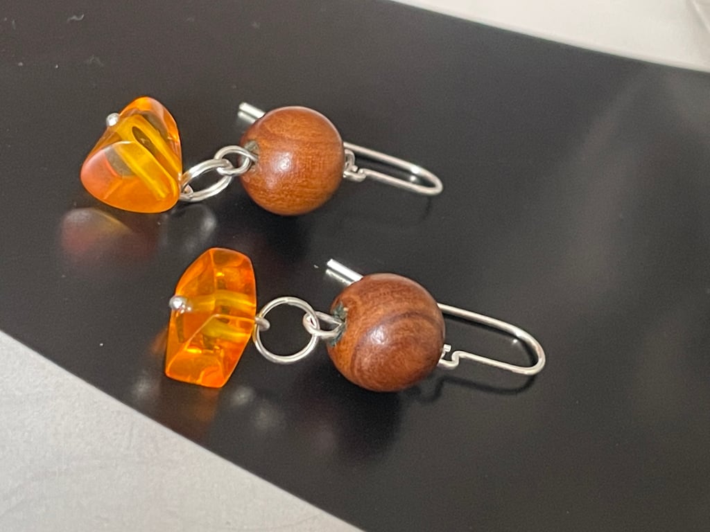 Artisan handmade Baltic honey colour amber and wood dangling earrings