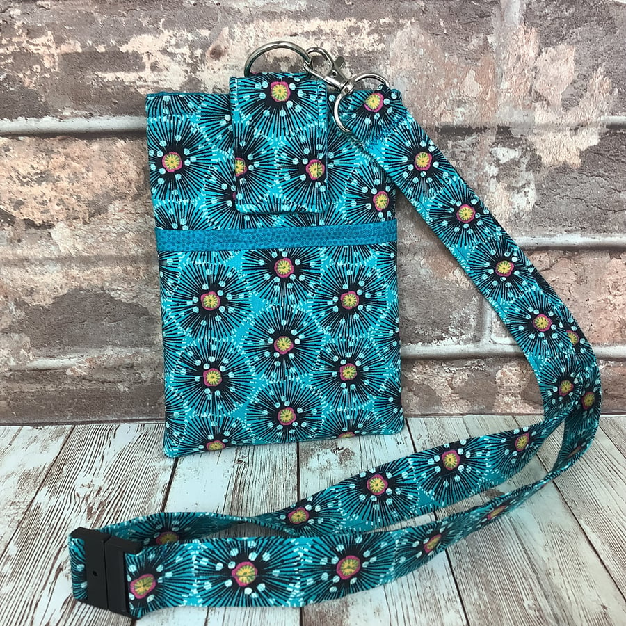 Poppies Lanyard Pouch, Floral, Phone, Travel, Detachable lanyard, Handmade