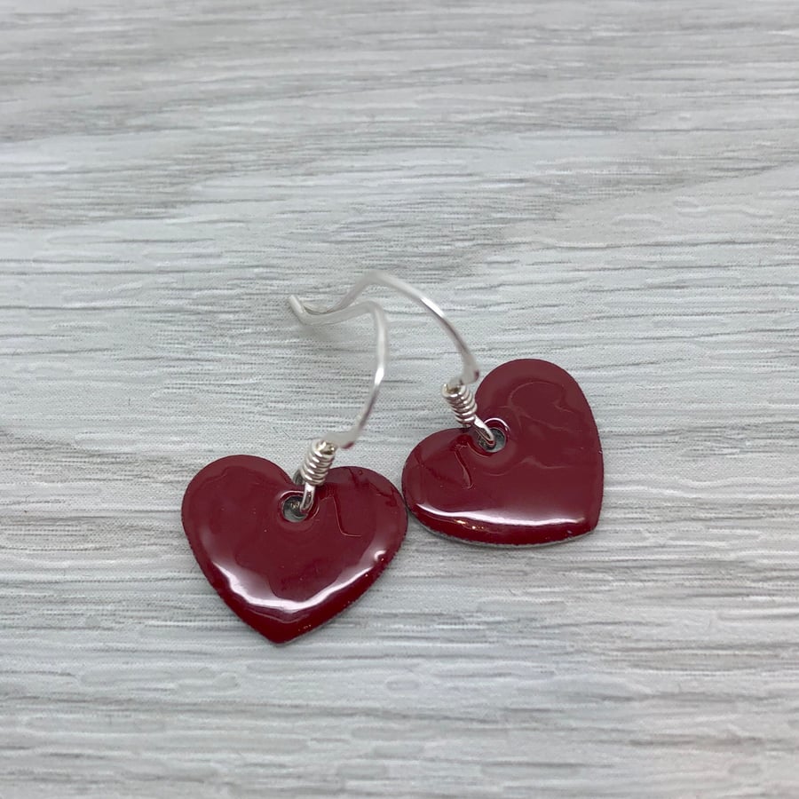 Dark red enamel heart charm, sterling silver earrings 