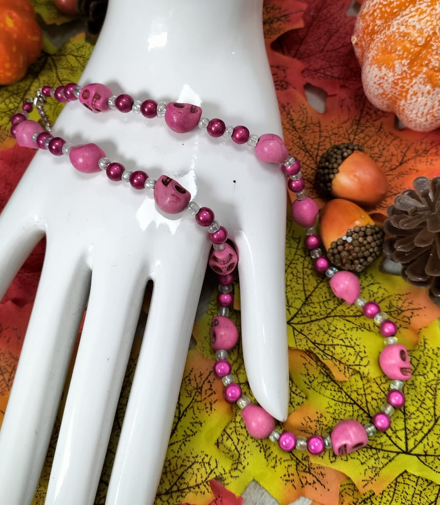 Halloween pink skull and miracle bead necklace - Folksy