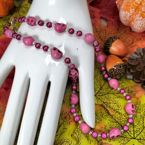 Halloween pink skull and miracle bead necklace