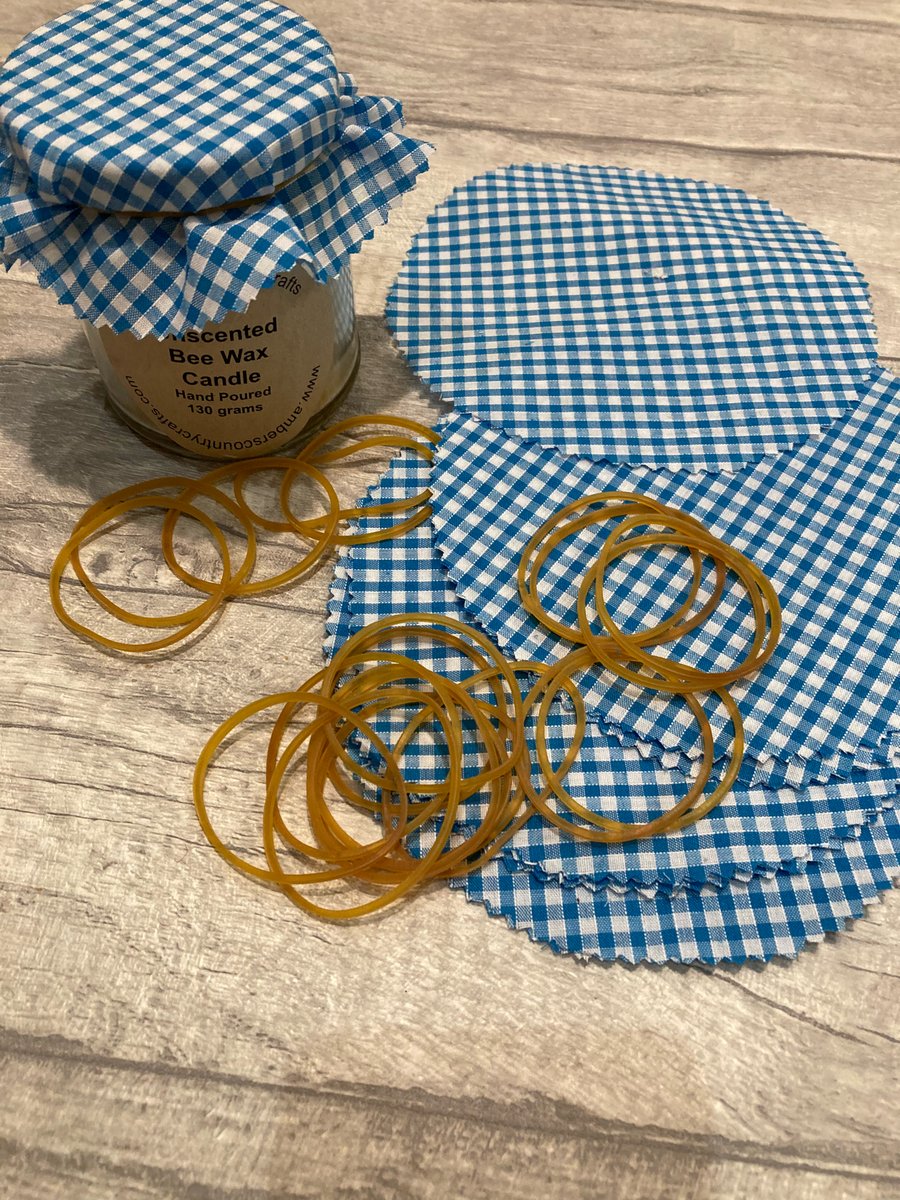  Blue Checked Jam Jar Covers.