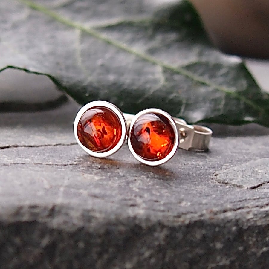 Amber and Sterling Silver Stud Earrings