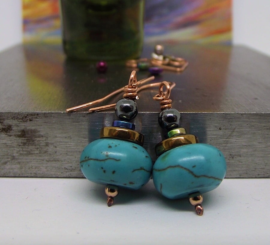Turquoise haematite copper earrings bronze black