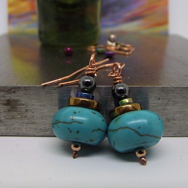 Turquoise haematite copper earrings bronze black