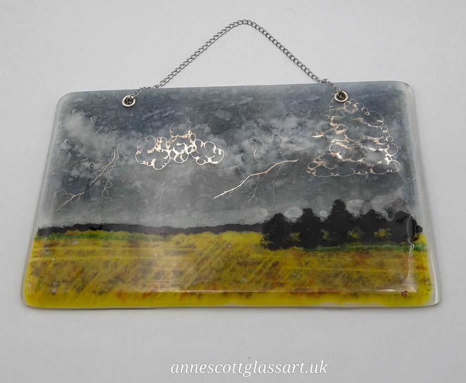 Storm Over Fields of Gold Fused Glass Hanging Panel