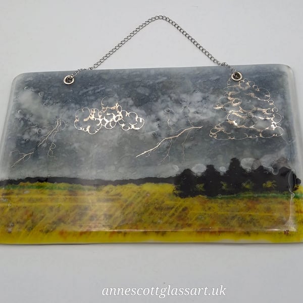 Storm Over Fields of Gold Fused Glass Hanging Panel