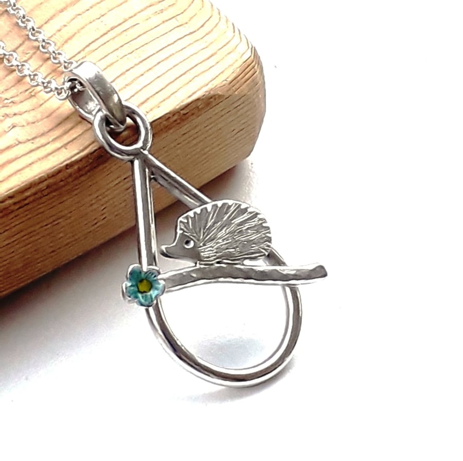 Hedgehog necklace forget me not pendant sterling silver enameled Hallmarked