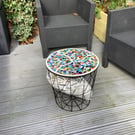 Rainbow mosaic table with basket for storage. Mosaic mirage