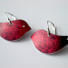 Bird earrings with dandelion seed print in red and plum