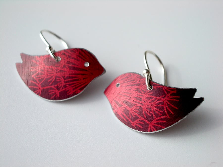 Bird earrings with dandelion seed print in red and plum