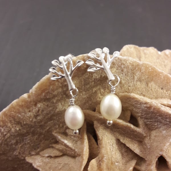 Sterling Silver Tree of Life and Pearl Earrings