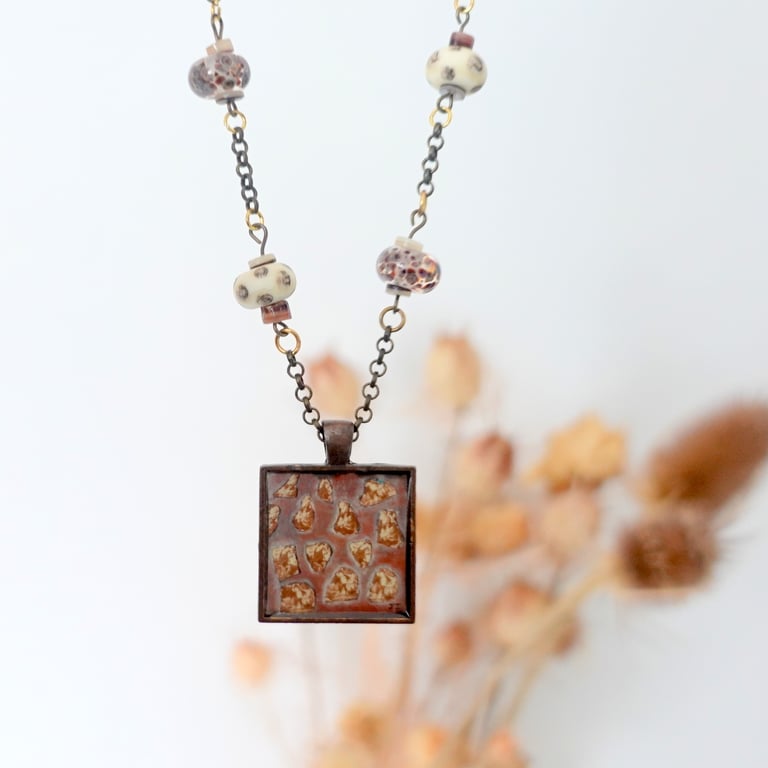 Brown Pendant Necklace with Abstract Art and Lampwork Glass Beads