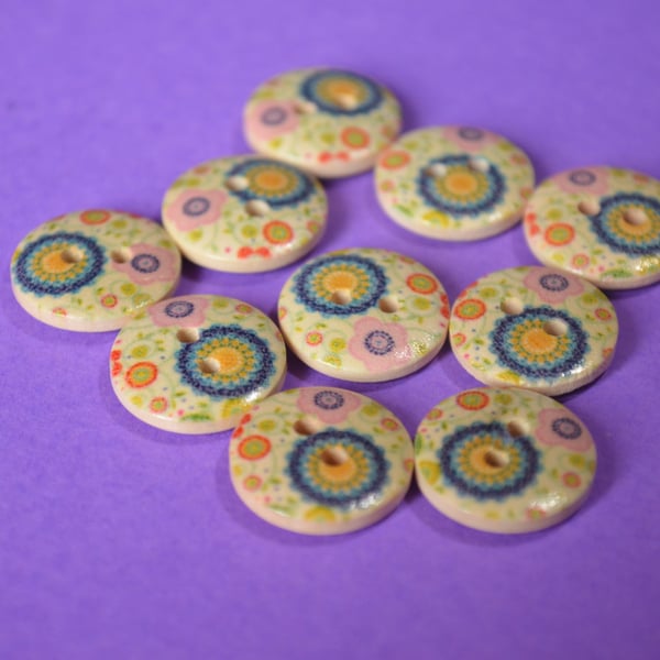 15mm Wooden Retro Blue Yellow Floral Buttons Natural Wood 10pk Flowers (SNF13)