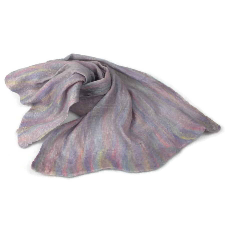 Pastel "unicorn" blend merino wool on silk nuno felted scarf