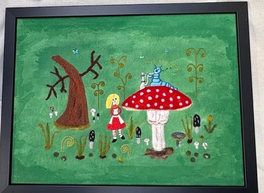 Alice in Wonderland and the caterpillar textile picture.