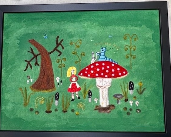 Alice in Wonderland and the caterpillar textile picture.