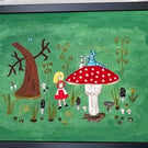 Alice in Wonderland and the caterpillar textile picture.