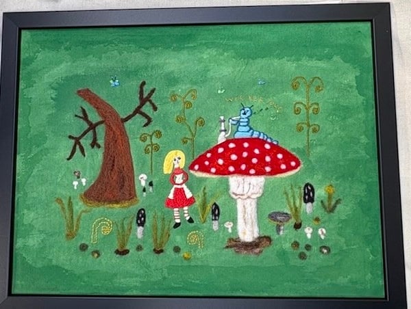 Alice in Wonderland and the caterpillar textile picture.