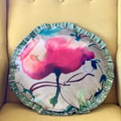 Velvet Sweet Pea cushion, round luxury velvet floral ruffle trim pillow cover