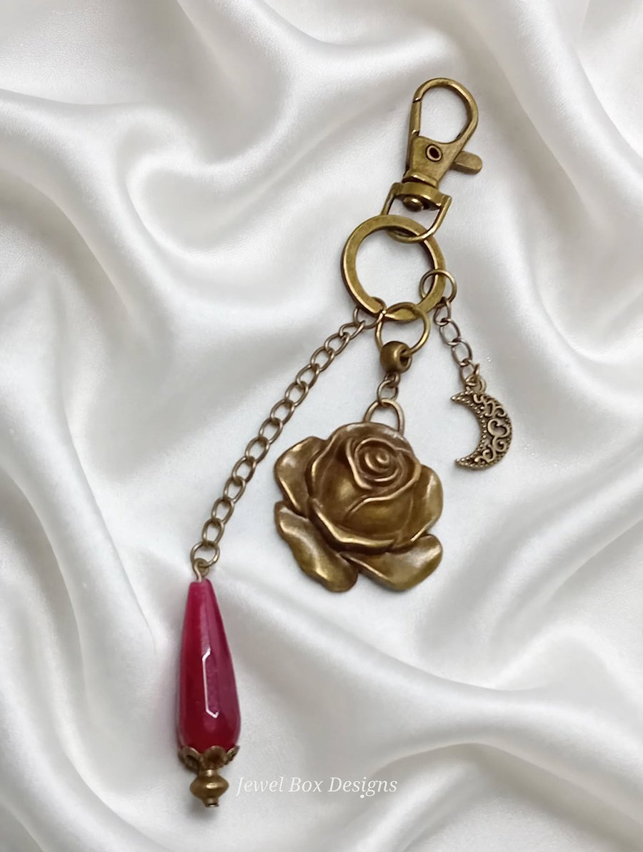 Garnet & Bronze Rose Bag Charm