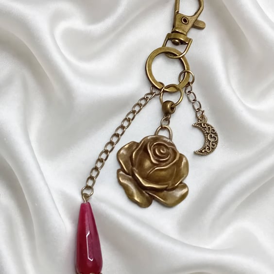 Garnet & Bronze Rose Bag Charm