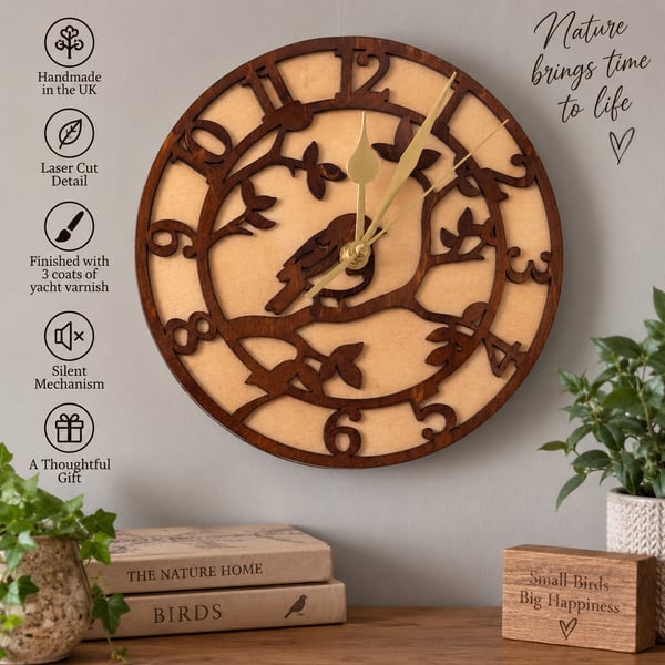 Woodland Bird Wall Clock – Layered Wooden Tree Clock – 20cm