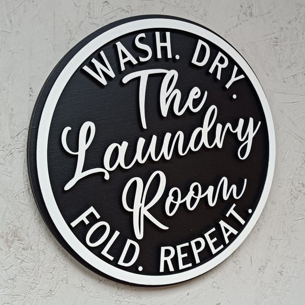 Large round Laundry Room sign, wash, dry, fold, repeat, utility room decor