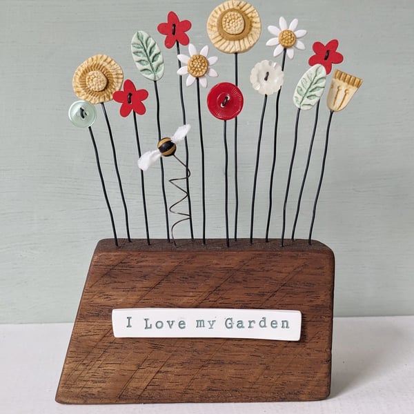 Clay and Button Flower Garden with Bee in Wood Block 'I Love My Garden'