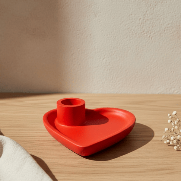 Red Heart Shaped Candlestick with Trinket Dish for Taper Candle