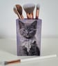 Hand-Crafted Wooden Makeup Brush Holder, Vintage Lavender Kitten Design