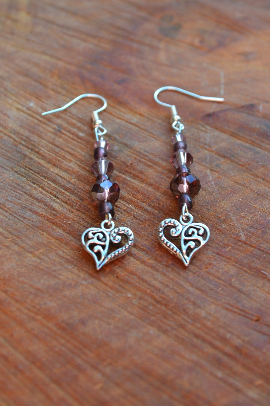 Heart earrings decorative hearts with purple crystals