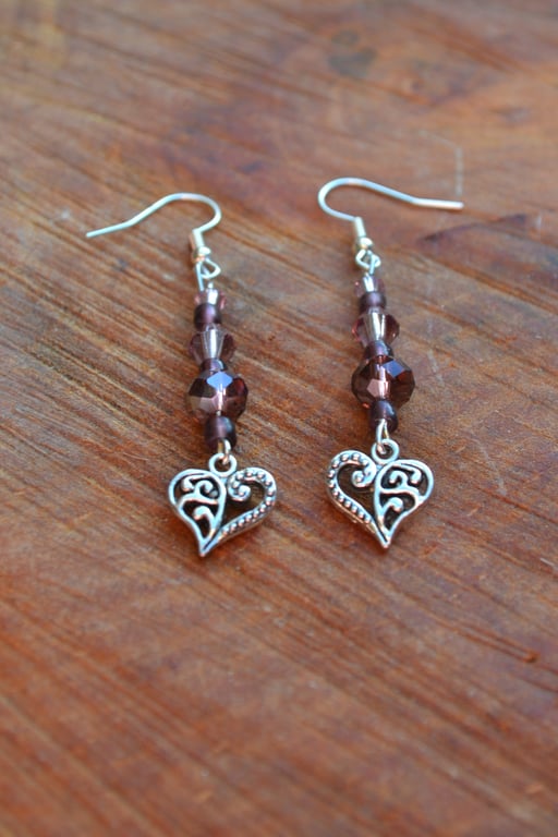 Heart earrings decorative hearts with purple crystals