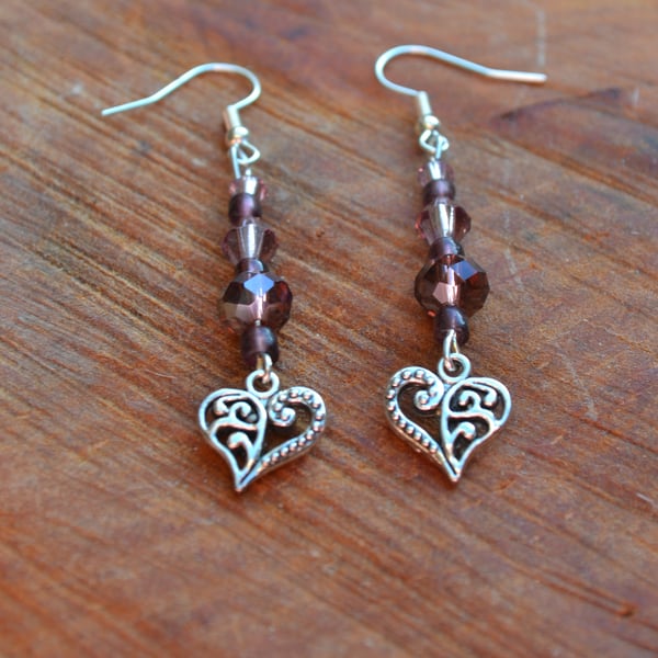 Heart earrings decorative hearts with purple crystals